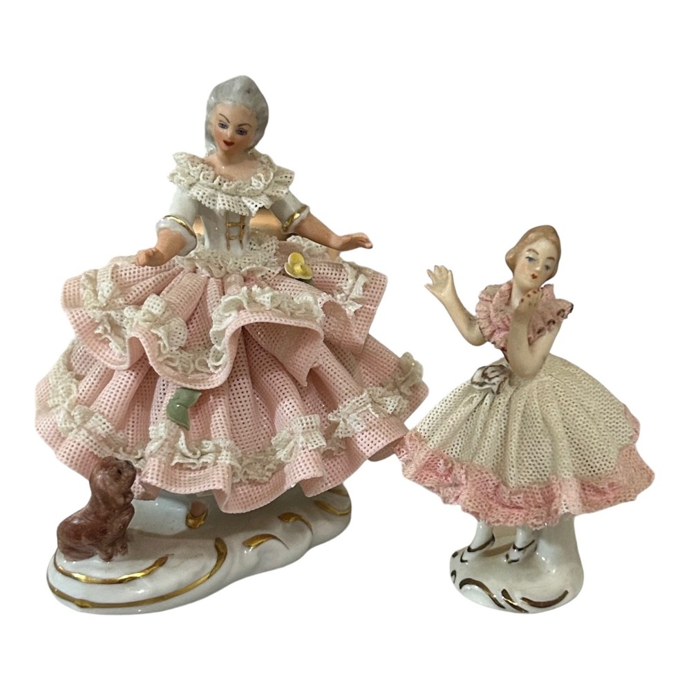 Dresden Lace Porcelain Figurines Set 2 Pink White Gold‎ Lady Dog West Germany